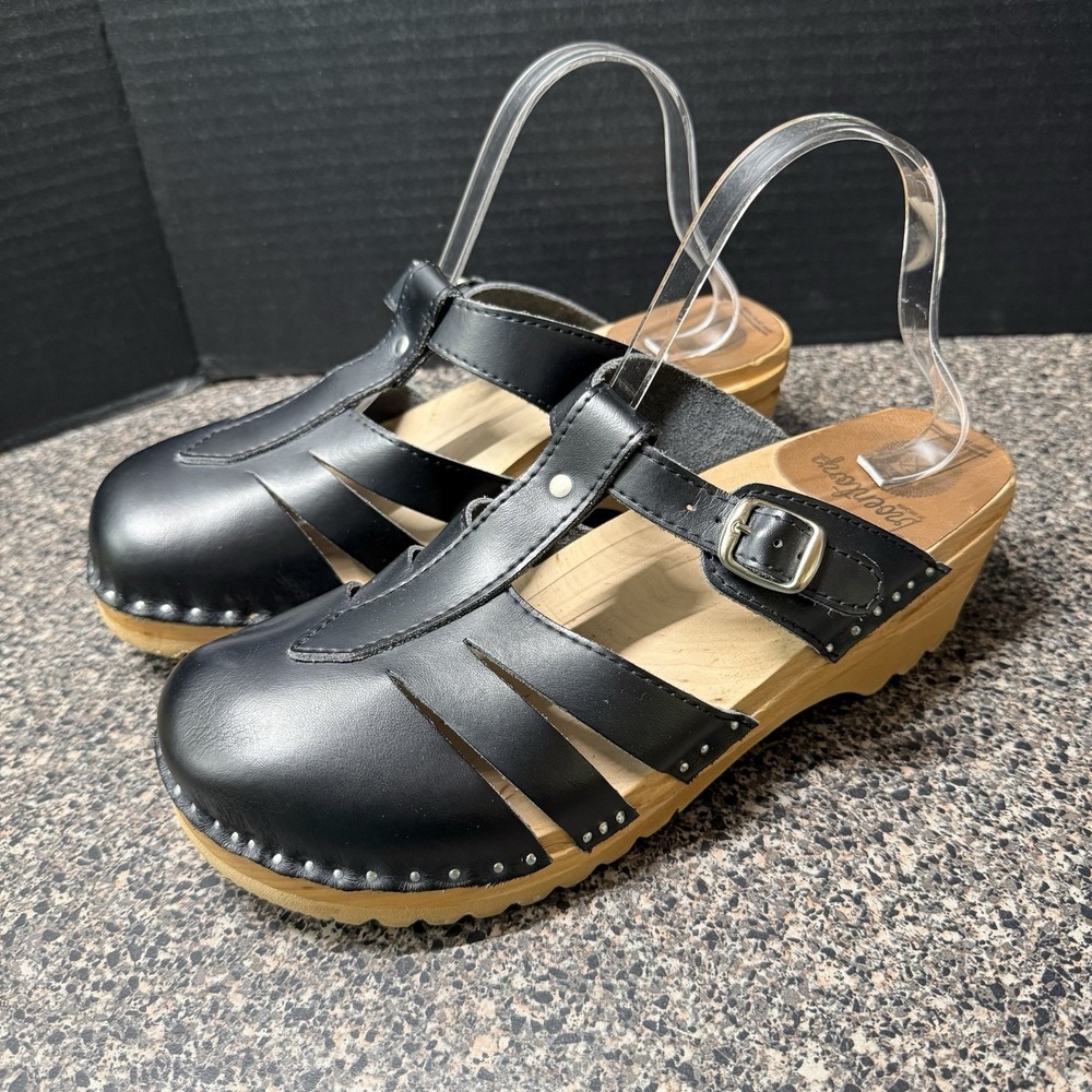 Troentorp Swedish Mary Jane Clogs EU 42 Black Leather Wooden Platform T-Strap